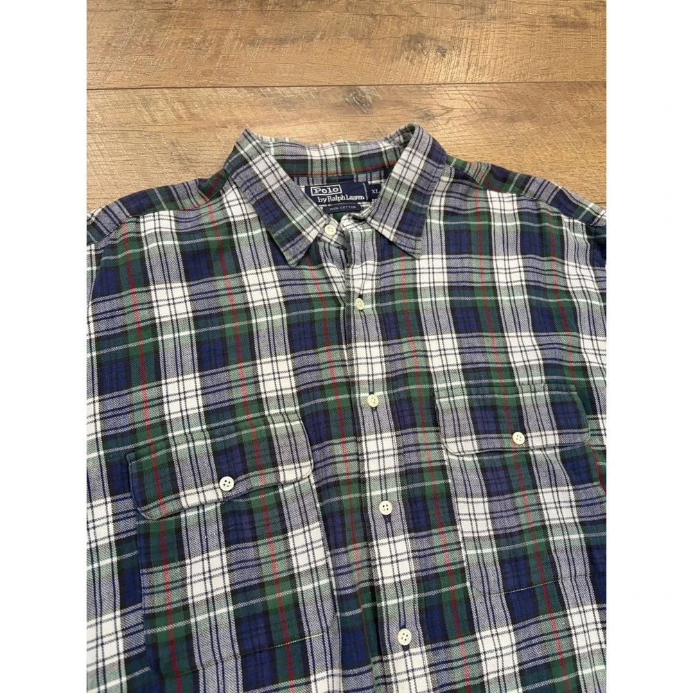 Vintage 90s‎ Polo Ralph Lauren Plaid Flannel Button Up Shirt XL Blue Green